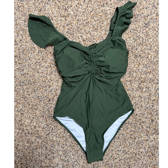 Zaful Olive Green Ruffled Tie Front One Piece Swimsuit Women's Size M - Picture 2 of 6